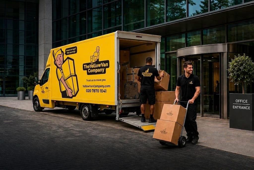 Yellow Van Company mover outside a London office building with a branded yellow van and stacked boxes ready for collection &mdash; reliable business logistics and same-day delivery across London since 2011