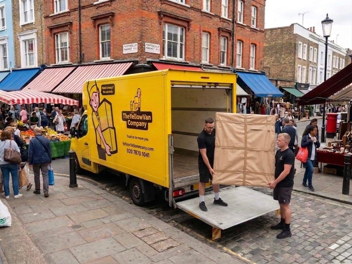 Yellow Van Company movers on Portobello Market in West London carefully offloading a securely wrapped art canvas from the van &mdash; specialist transport for galleries, dealers and high-value goods