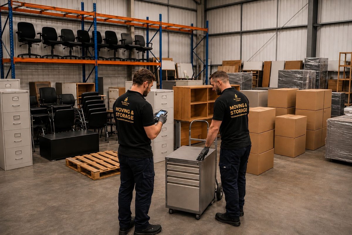 Two Yellow Van Company crew members collecting old office furniture and equipment inside a London warehouse for commercial disposal &mdash; full-service office clearance and end-of-lease commercial waste removal across London