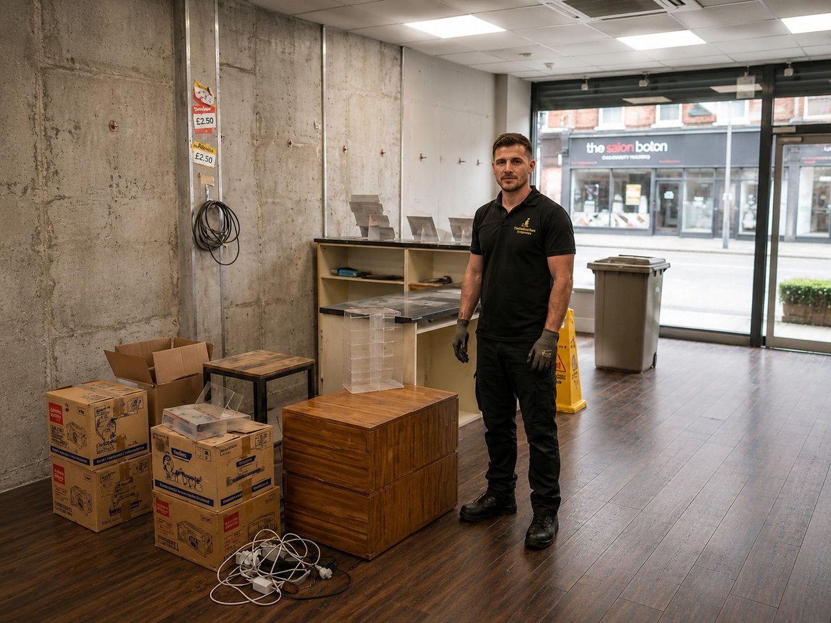Yellow Van Company crew member collecting items from a London high street shop for retail clearance and responsible disposal &mdash; shop clearance, retail fit-out and end-of-lease clearance for London high street businesses