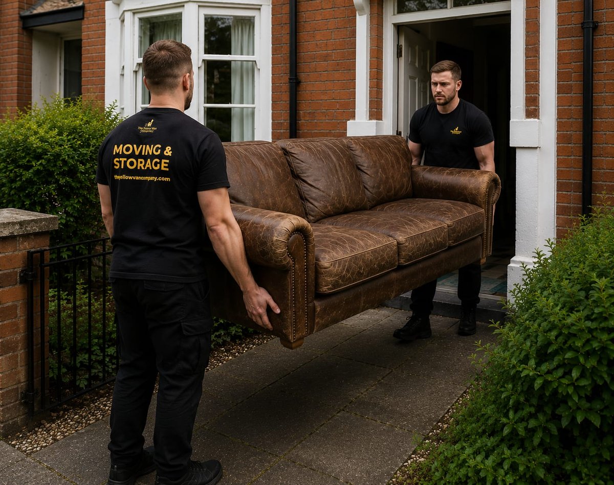 Yellow Van Company team removing an old sofa from a London residential property at end of tenancy &mdash; sofa removal and end-of-tenancy furniture clearance across London since 2011