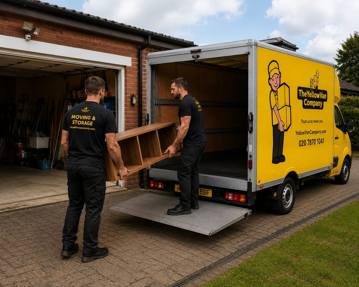Yellow Van Company crew clearing unwanted items from a customer&rsquo;s residential garage in London &mdash; full garage clearance, rubbish removal and household junk disposal service