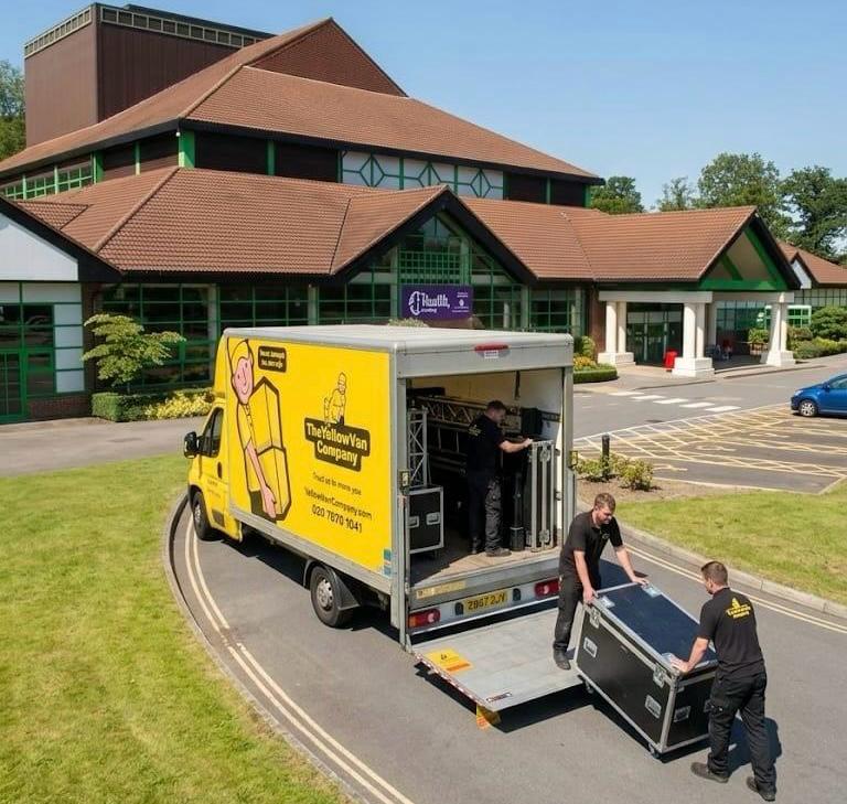 Yellow Van Company on an event load-in at The Hawth Theatre in Crawley &mdash; reliable exhibition and event logistics serving Crawley businesses and venues
