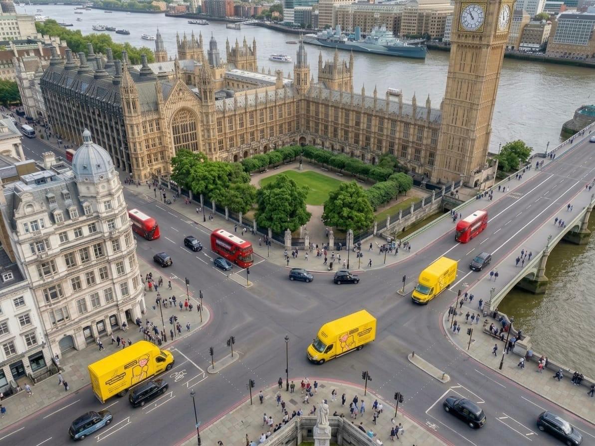 Three branded Yellow Van Company removal vans lined up on a London job &mdash; family-run removals firm serving every London borough since 2011