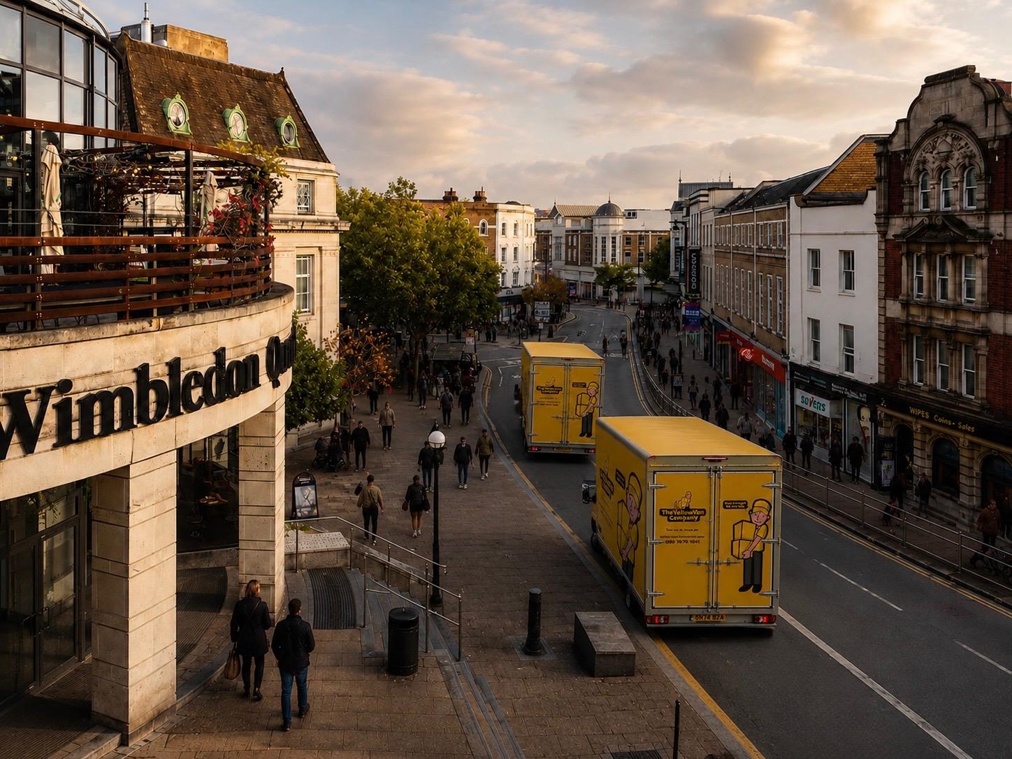 Yellow Van Company branded removal vans driving through Wimbledon High Street &mdash; family-run Wimbledon removals firm serving SW19, SW20 and South West London since 2011