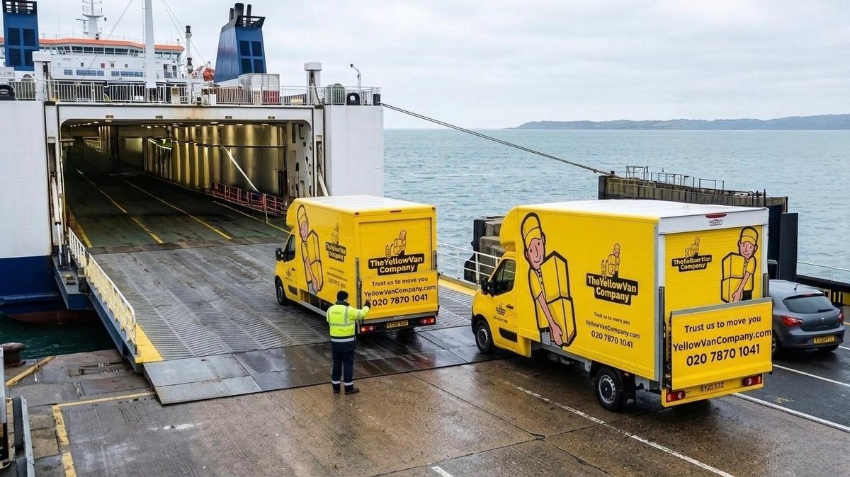 Yellow Van Company branded yellow vans queuing at the cross-Channel ferry terminal ready to sail to Europe on an international removals job &mdash; door-to-door London to Europe house moves since 2011