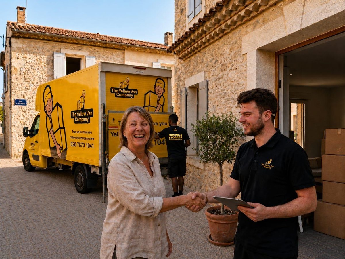 Yellow Van Company crew posing after successfully completing an international removal to Spain &mdash; London to Spain house moves and door-to-door European relocations