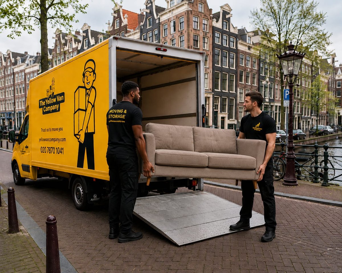 Yellow Van Company branded van parked on a French residential street offloading furniture and boxes at a customer&rsquo;s new home &mdash; London to France international removals delivered door to door