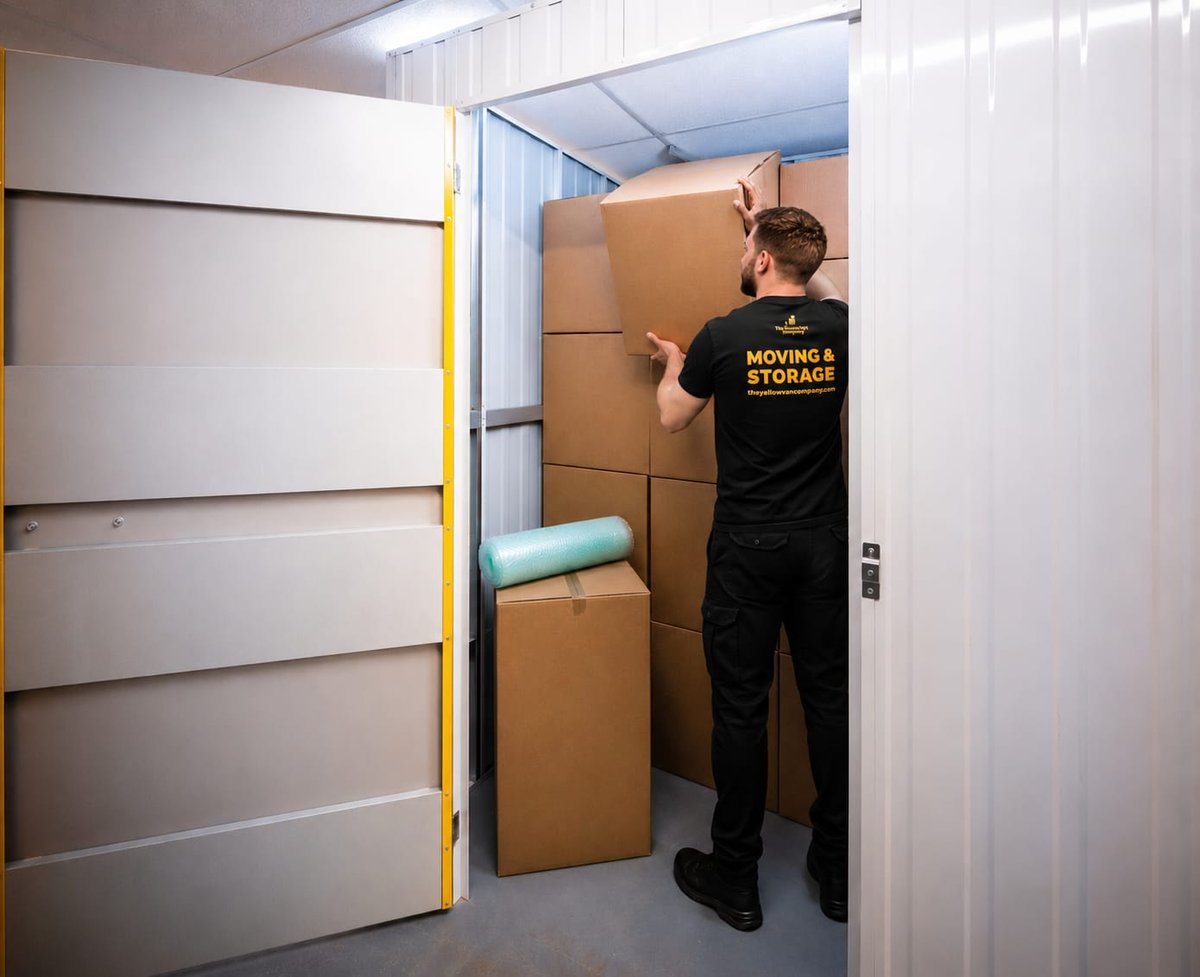 Two Yellow Van Company movers standing at the open door of a secure London self storage unit ready to load a customer&rsquo;s belongings &mdash; full-service household and business storage with collection and delivery across London